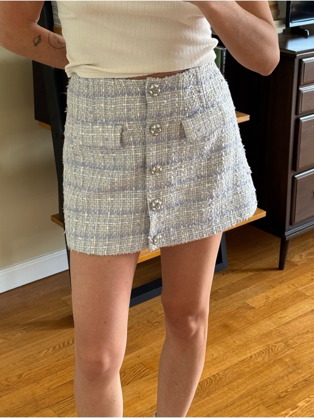 Astr Powder Blue Tweed Button-Front Mini Skirt